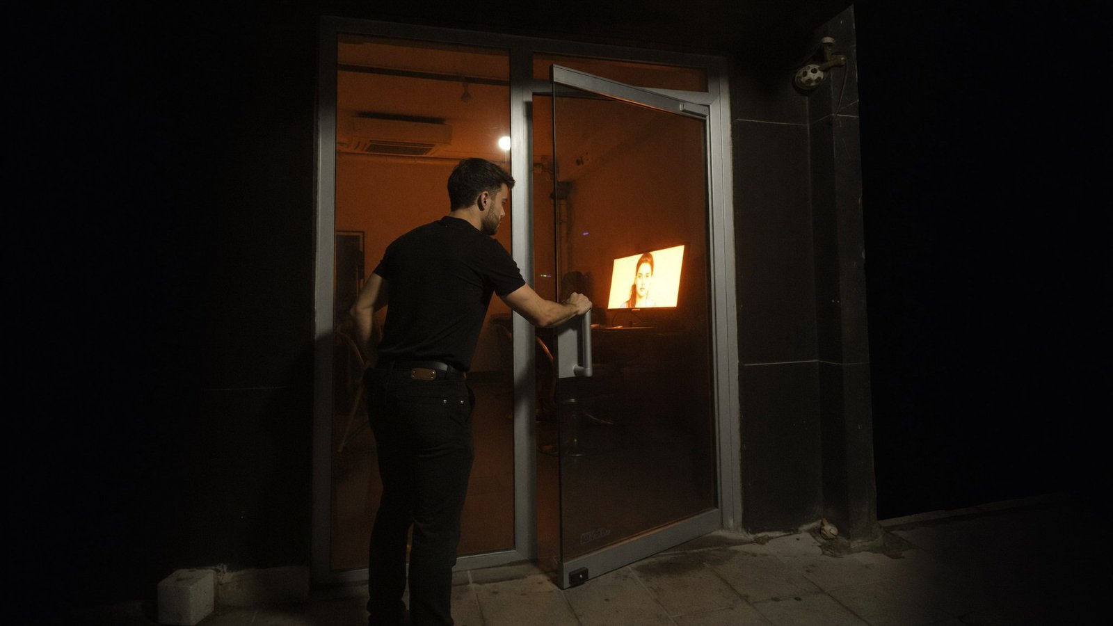 Peluquería cerrada de noche con una pantalla encendida: el asistente de IA sigue respondiendo